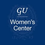 White text on a blue background reads GU Womens Center. The faint outline of a circular emblem and the number 1789 are visible behind the text.