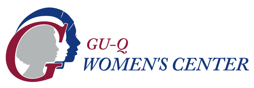 Logo with three overlapping silhouettes of womens faces inside a large G shape, with the text GU-Q Womens Center to the right in maroon and blue fonts.