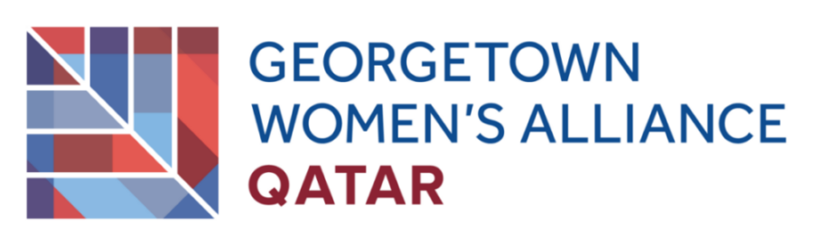 Geometric purple and red logo left of text: GEORGETOWN WOMENS ALLIANCE QATAR, with QATAR in bold maroon.