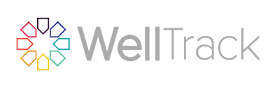 WellTrack logo with six outlined hexagons in red, purple, blue, orange, teal, and yellow to the left of the gray WellTrack text on a white background.