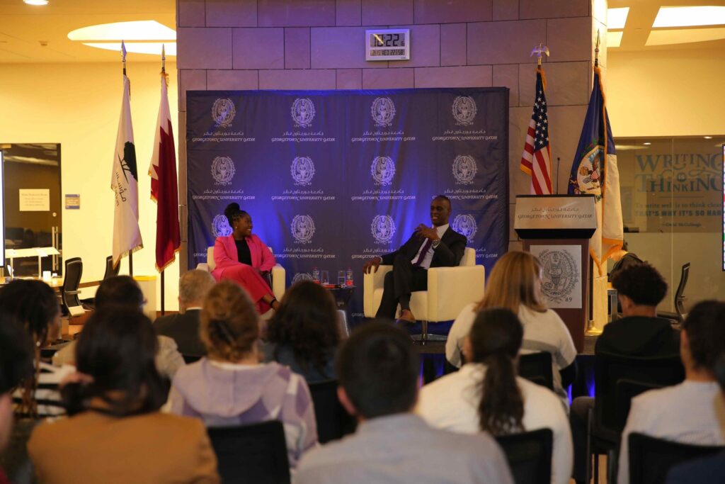 US Ambassador to the State of Qatar Timmy T. Davis with GU-Q Student Michelle Siyabonga Hadebe