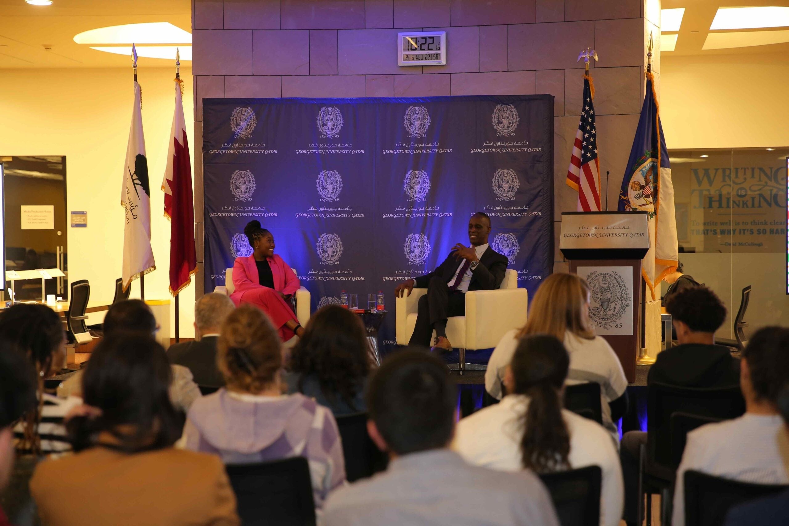 US Ambassador to the State of Qatar Timmy T. Davis with GU-Q Student Michelle Siyabonga Hadebe